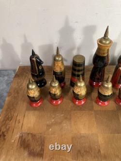Wooden Chess Set Soviet USSR Russian Complete Set Hand Carved Painted Ethnic Art