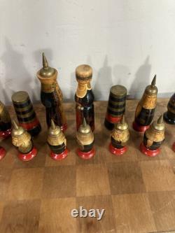 Wooden Chess Set Soviet USSR Russian Complete Set Hand Carved Painted Ethnic Art