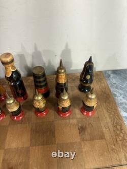 Wooden Chess Set Soviet USSR Russian Complete Set Hand Carved Painted Ethnic Art