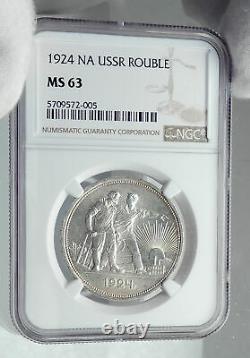 1924 Russie Urss Communiste Russe Silver 1 Rouble Coin Worker Ngc Ms 63 I81243