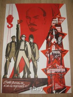 1969 Affiche authentique russe soviétique URSS ? Nous construisons le communisme ? Espace Lénine