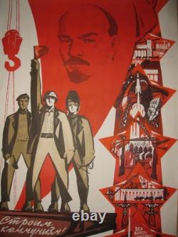 1969 Affiche authentique russe soviétique URSS ? Nous construisons le communisme ? Espace Lénine
