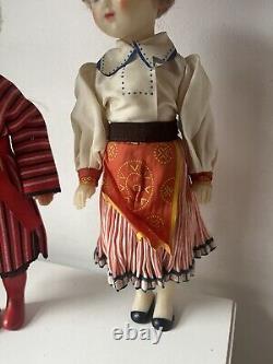 2x Poupée en plastique vintage soviétique russe de l'URSS garçon fille en costume folklorique 12 pouces années 60