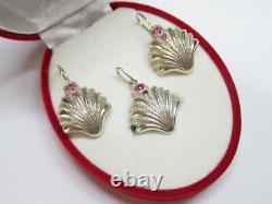 Adorable ensemble vintage soviétique : boucles d'oreilles, pendentif en rubis en argent sterling russe 925 URSS