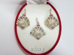 Adorable ensemble vintage soviétique : boucles d'oreilles, pendentif en rubis en argent sterling russe 925 URSS