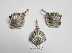 Adorable ensemble vintage soviétique : boucles d'oreilles, pendentif en rubis en argent sterling russe 925 URSS