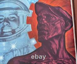 Affiche de propagande soviétique russe de l'URSS cosmique vintage extrêmement rare 1966