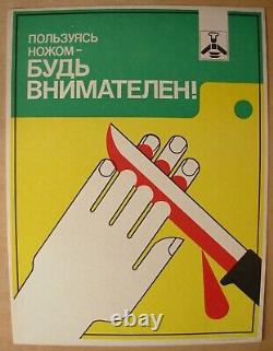 Affiche originale soviétique russe - Prenez garde lors de l'utilisation d'un couteau. Sécurité alimentaire en URSS.