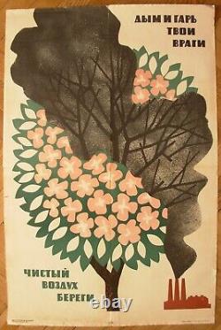 Affiche originale soviétique russe de 1965 : Prenez soin de l'air propre, l'URSS sauve la santé écologique.