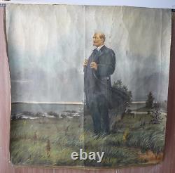 Ancienne grande peinture soviétique russe à l'huile sur toile LENINE en plein air URSS années 1970