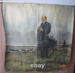 Ancienne grande peinture soviétique russe à l'huile sur toile LENINE en plein air URSS années 1970