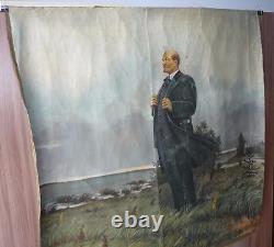 Ancienne grande peinture soviétique russe à l'huile sur toile LENINE en plein air URSS années 1970