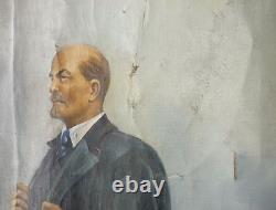 Ancienne grande peinture soviétique russe à l'huile sur toile LENINE en plein air URSS années 1970