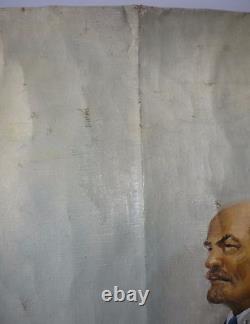 Ancienne grande peinture soviétique russe à l'huile sur toile LENINE en plein air URSS années 1970