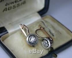 Antique Soviétique De Russie 583 14k Diamant Boucles D'oreilles En Or Rose