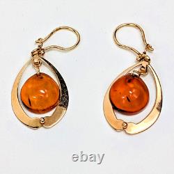 BOUCLES D'OREILLES VINTAGE RUSSES EN OR ROSE ET AMBRE BALTIQUE 583 SIGNÉES URSS