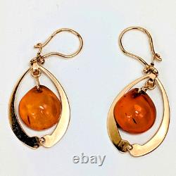 BOUCLES D'OREILLES VINTAGE RUSSES EN OR ROSE ET AMBRE BALTIQUE 583 SIGNÉES URSS