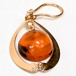 BOUCLES D'OREILLES VINTAGE RUSSES EN OR ROSE ET AMBRE BALTIQUE 583 SIGNÉES URSS