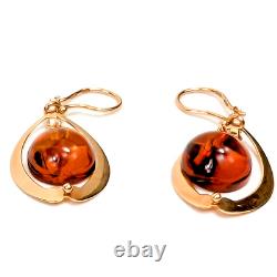 BOUCLES D'OREILLES VINTAGE RUSSES EN OR ROSE ET AMBRE BALTIQUE 583 SIGNÉES URSS