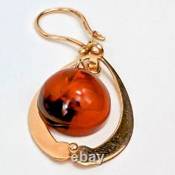 BOUCLES D'OREILLES VINTAGE RUSSES EN OR ROSE ET AMBRE BALTIQUE 583 SIGNÉES URSS