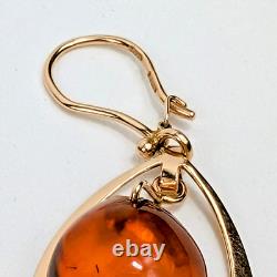 BOUCLES D'OREILLES VINTAGE RUSSES EN OR ROSE ET AMBRE BALTIQUE 583 SIGNÉES URSS