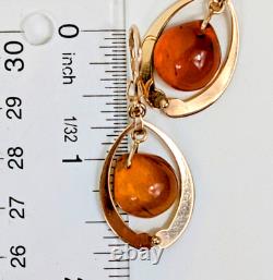 BOUCLES D'OREILLES VINTAGE RUSSES EN OR ROSE ET AMBRE BALTIQUE 583 SIGNÉES URSS