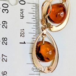 BOUCLES D'OREILLES VINTAGE RUSSES EN OR ROSE ET AMBRE BALTIQUE 583 SIGNÉES URSS