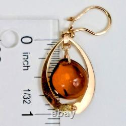 BOUCLES D'OREILLES VINTAGE RUSSES EN OR ROSE ET AMBRE BALTIQUE 583 SIGNÉES URSS