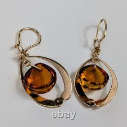 BOUCLES D'OREILLES VINTAGE RUSSES EN OR ROSE ET AMBRE BALTIQUE 583 SIGNÉES URSS
