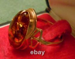 Bague en ambre baltique domée en or rose 583 14k vintage soviétique d'URSS, taille 8