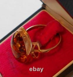 Bague en ambre baltique domée en or rose 583 14k vintage soviétique d'URSS, taille 8