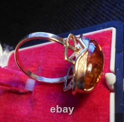Bague en ambre baltique domée en or rose 583 14k vintage soviétique d'URSS, taille 8