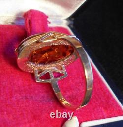 Bague en ambre baltique domée en or rose 583 14k vintage soviétique d'URSS, taille 8