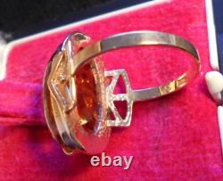 Bague en ambre baltique domée en or rose 583 14k vintage soviétique d'URSS, taille 8