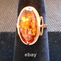 Bague en ambre baltique domée en or rose 583 14k vintage soviétique d'URSS, taille 8