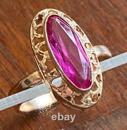 Bague en or rose vintage 14 carats avec une grande rubis rose de l'URSS soviétique russe, taille 7,5