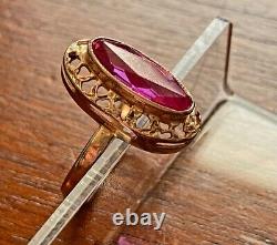 Bague en or rose vintage 14 carats avec une grande rubis rose de l'URSS soviétique russe, taille 7,5