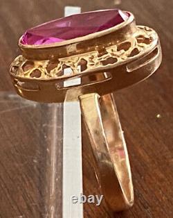 Bague en or rose vintage 14 carats avec une grande rubis rose de l'URSS soviétique russe, taille 7,5
