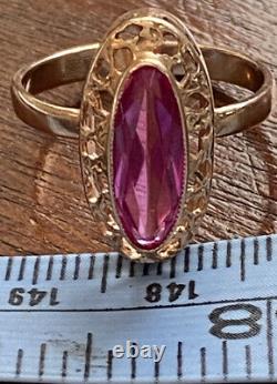 Bague en or rose vintage 14 carats avec une grande rubis rose de l'URSS soviétique russe, taille 7,5