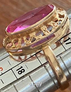Bague en or rose vintage 14 carats avec une grande rubis rose de l'URSS soviétique russe, taille 7,5