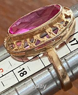 Bague en or rose vintage 14 carats avec une grande rubis rose de l'URSS soviétique russe, taille 7,5