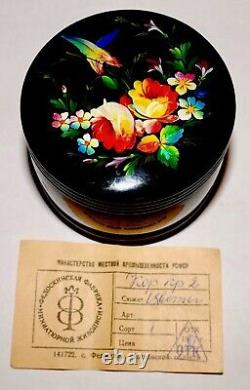 Boîte de laque russe FEDOSKINO soviétique de l'URSS des années 1980, fleurs et oiseaux peints à la main + papier