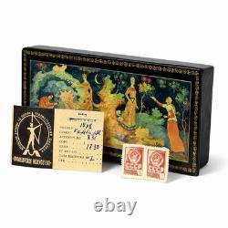 Boîte en laque palekh russe vintage, conte de fées, URSS, peinte à la main, timbres soviétiques