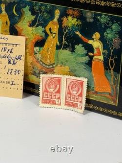 Boîte en laque palekh russe vintage, conte de fées, URSS, peinte à la main, timbres soviétiques
