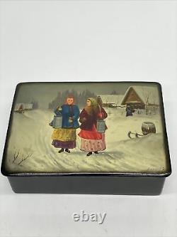 Boîte en papier mâché laqué russe Fedoskino de l'ère soviétique peinte à la main de style vintage URSS