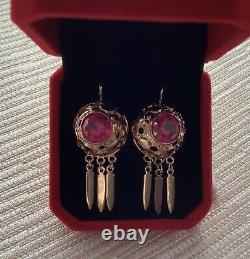 Boucles D'oreilles En Or Rose Soviétique Regal Vintage Avec Ruby 583 14k Urss, Or Massif
