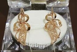 Boucles D’oreilles Russes Nouveau Solid Rose Gold 14k 585 Bijoux Fins 2.8g De Long Urss Soviétique