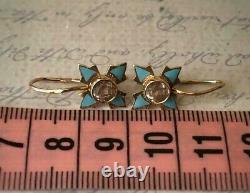 Boucles D'oreilles Vintage Enamel Turquoise Soviet Gold 14k? 583 Étoile Russe Soviétique Urss