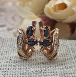 Boucles D'oreilles Vintage Or 585 14k Saphir Diamants Russie Bijoux Pour Femmes Soviet
