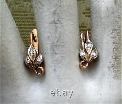 Boucles d'oreilles en or rose, blanc et diamants de Russie soviétique de l'époque vintage 14K 583 URSS